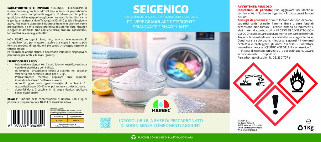 Percarbonato di sodio in polvere, smacchiante e sbiancante, igienizzante sopra i 50°C SEIGENICO 1KG