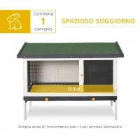 Conigliera da Esterno in Legno d'Abete con Vassoio Estraibile, Tetto Apribile in Bitume e Rete, 90x45x65 cm