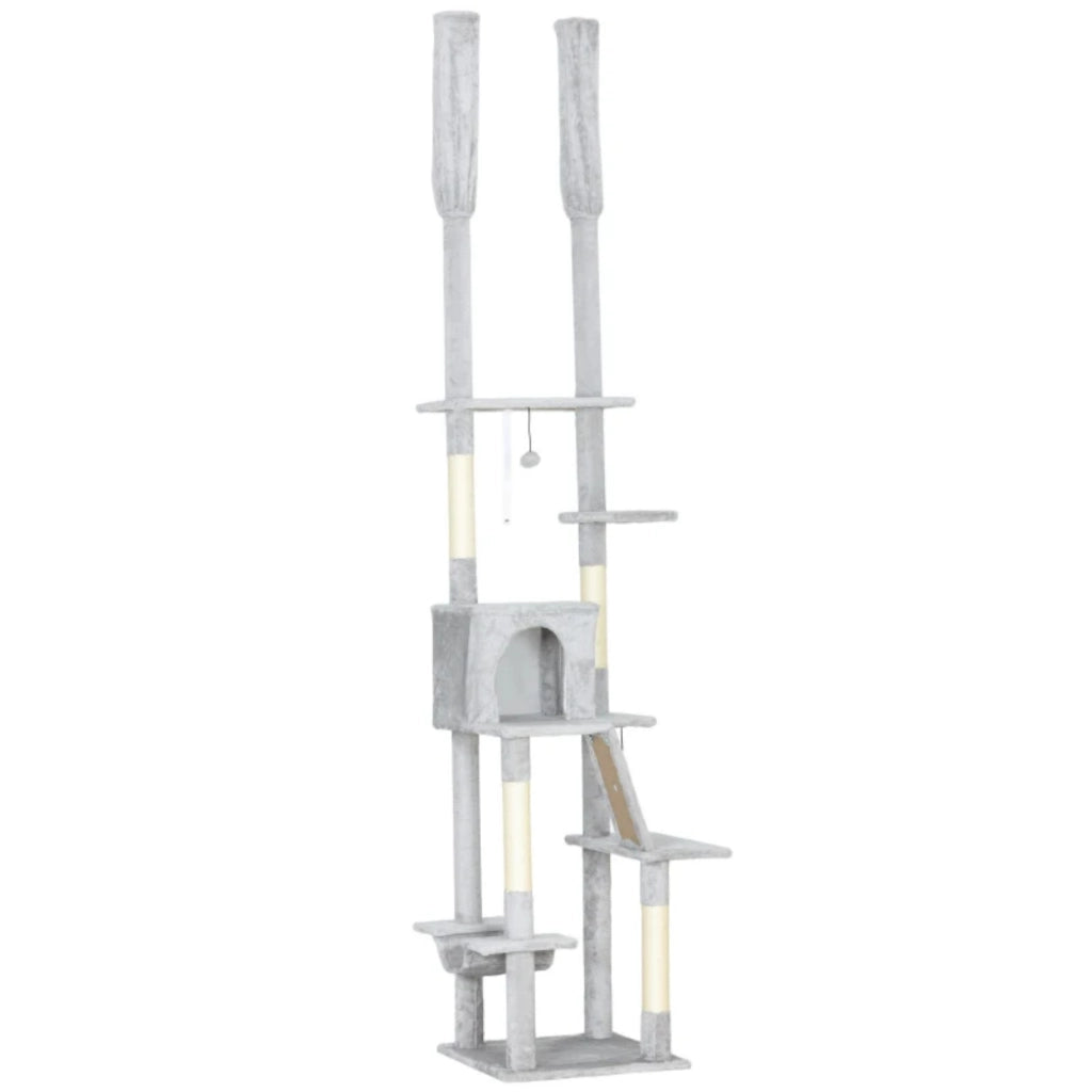 Tiragraffi regolabile in altezza con fissaggio a soffitto, altezza 225-255 cm, 6 livelli con nicchia e amaca.