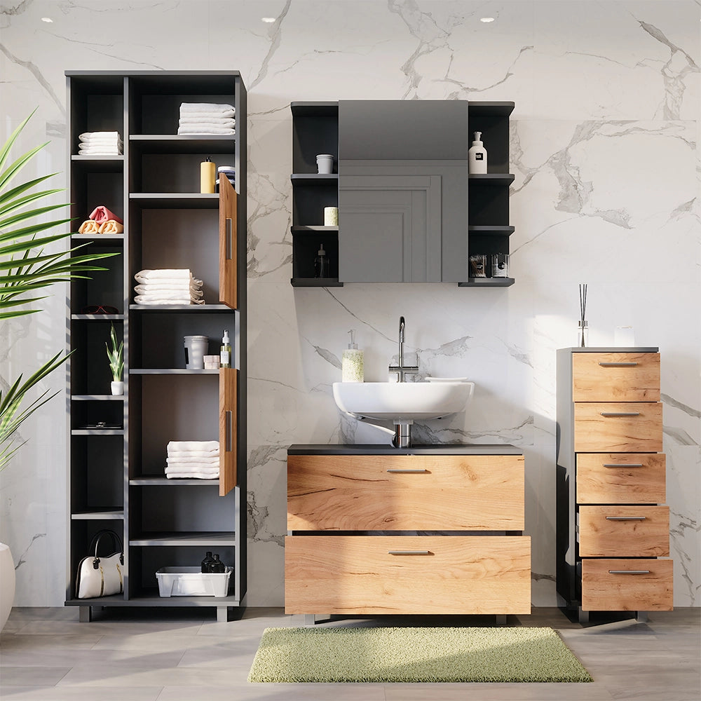 Vicco Set di mobili da bagno Quercia dorata/antracite 4 pezzi, con colonna