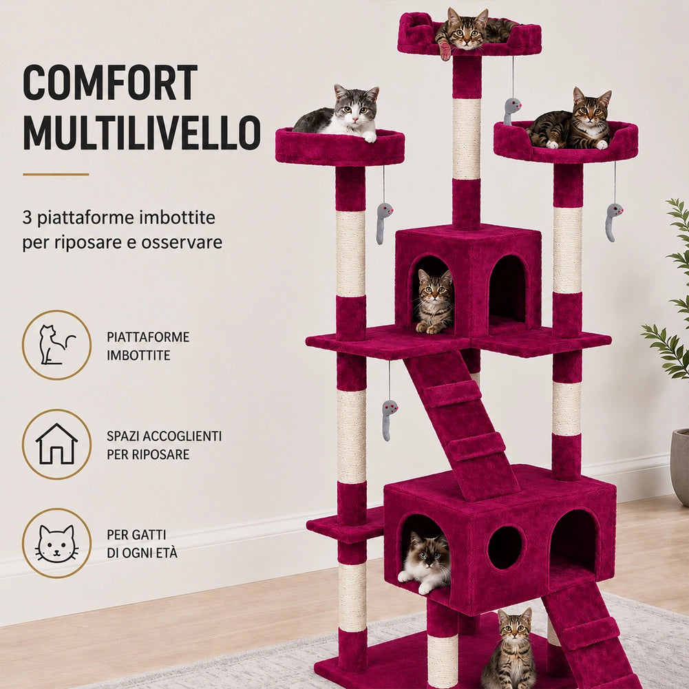 Tiragraffi per Gatti Albero Sisal Parco Giochi Gatto Tira Graffi 170cm Rosso Vin