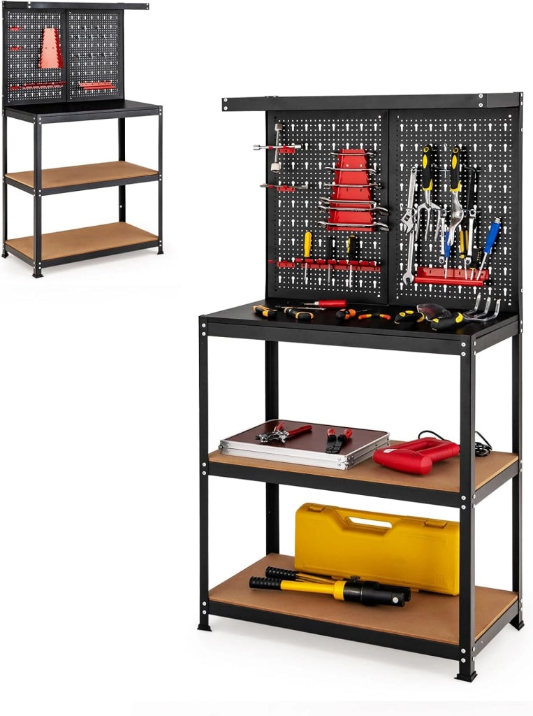 Banco da Lavoro, Organizer per Attrezzi in Metallo con 3 Pannelli Perforati con Kit di 24 Ganci, 2 Cassetti e 2 Ripiani, Banchi da Lavoro per Officina, Garage (Nero, 121 X 61 X 156 CM)