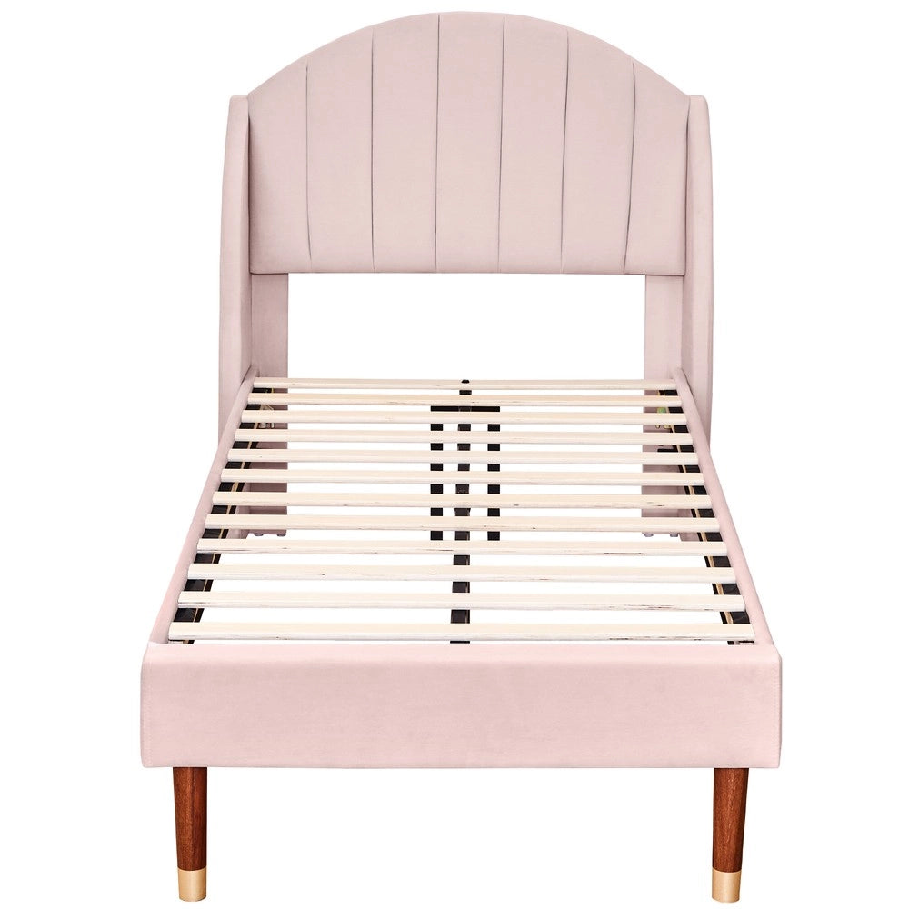 Letto Singolo Imbottito con Rete a Doghe e Testiera ¨C MINIMAL ¨C Velluto Rosa 90x200