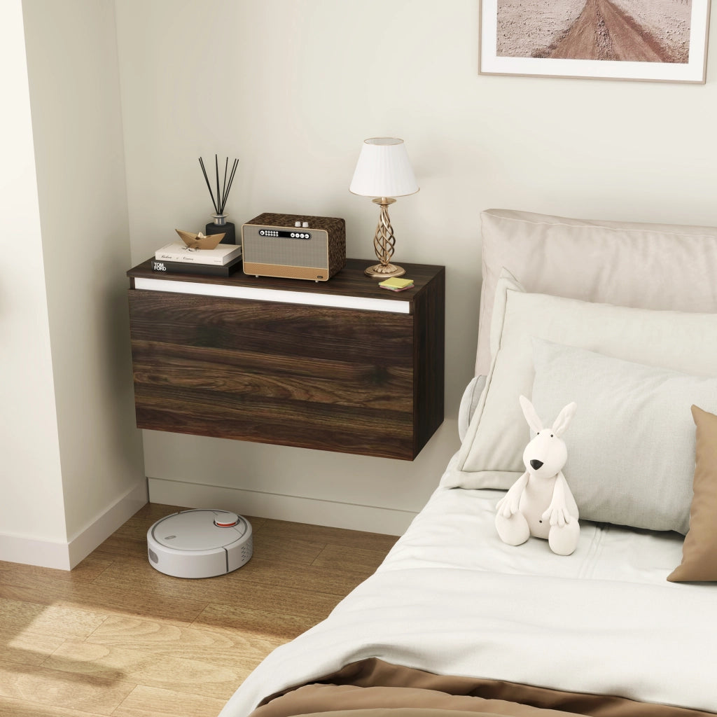 Comodino Sospeso con Cassetto Senza Maniglie e con Fissaggio a Parete, 80x30x45cm, Noce