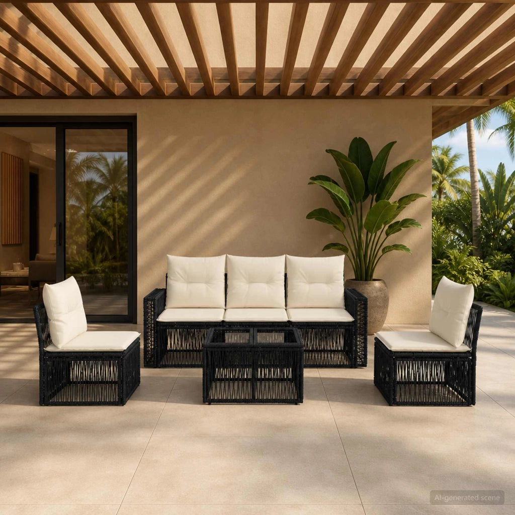 Set Divano da Giardino 6 pz Nero e Bianco Crema polyrattan 3435082