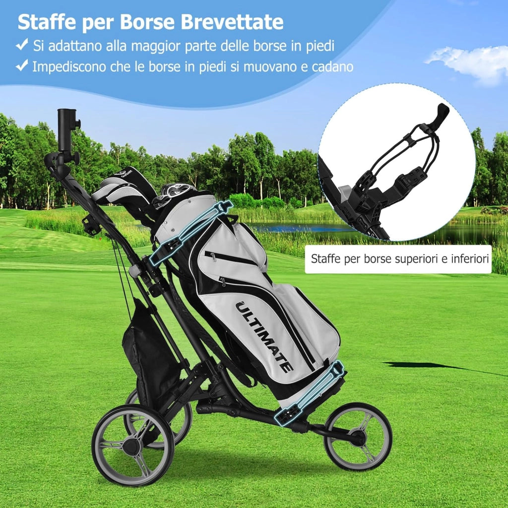 Carrello da Golf Pieghevole con 3 Ruote, Struttura in Alluminio, Cinghia Elastica, Portaombrello Regolabile e Porta Bicchiere, Segnapunti e Freno a Pedale
