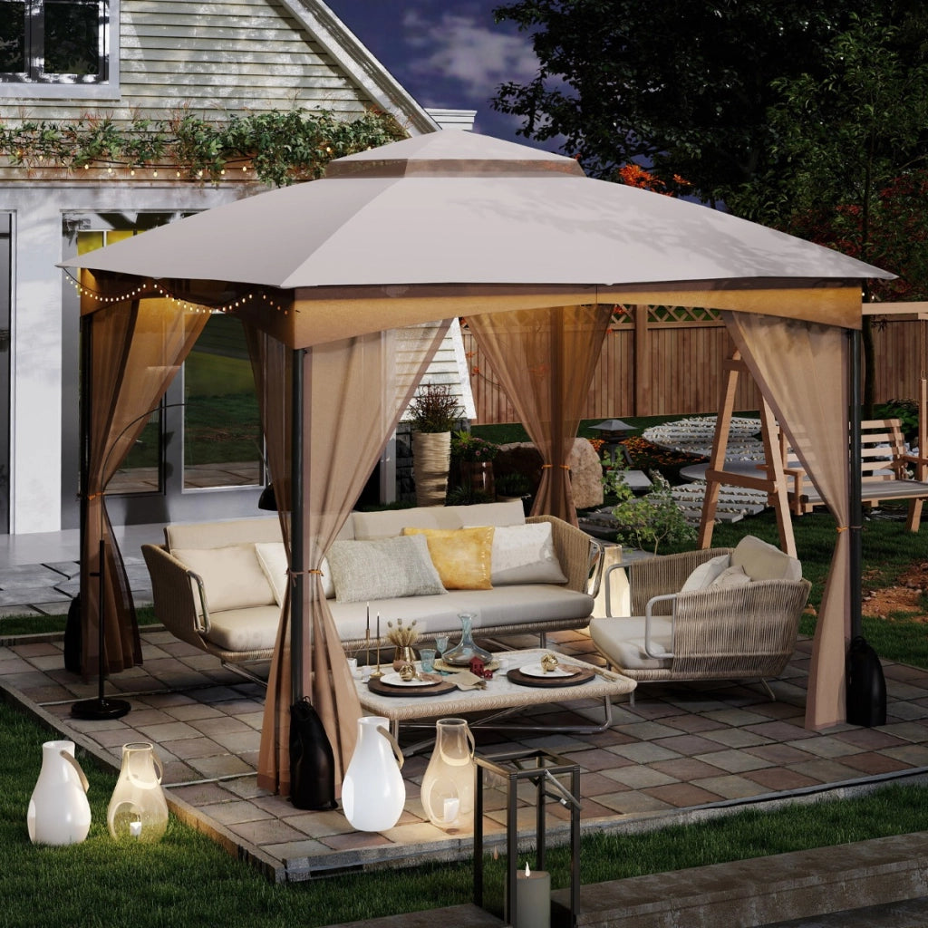 Tetto morbido a doppio strato con 4 sacchi di sabbia con cerniera, Gazebo da patio 3x3 M con pareti in rete Sabbia-Gazebo