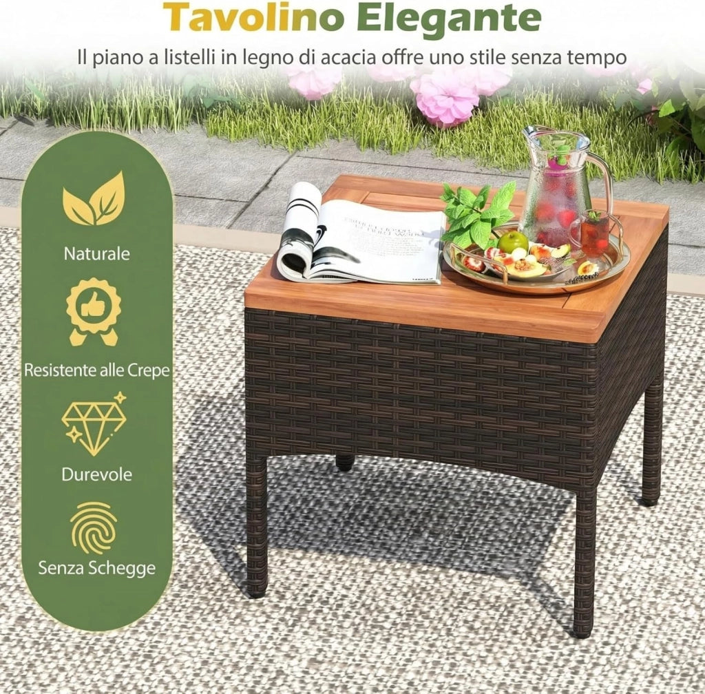 Salotto da Giardino in Rattan PE, Salottino da Esterno 3 Pz, 2 Poltrone con Braccioli e Schienale, 1 Tavolino con Piano in Legno Massello, per Terrazzo, Balcone, Patio (Marrone+Beige)