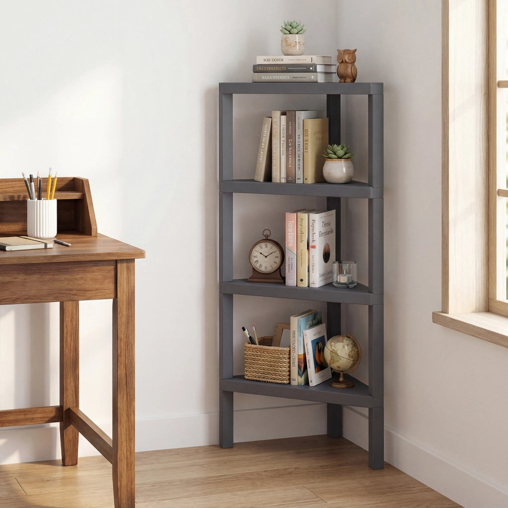 Supporto scaffale ad angolo a 4 ripiani con scaffali a doghe aperte, Libreria moderna per casa e ufficio Grigio