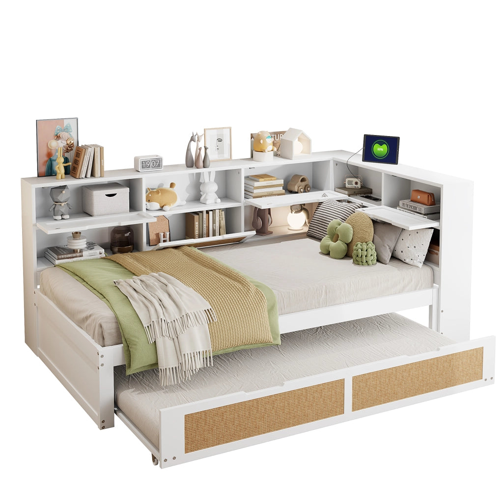 OKWISH Letto Divano 90×200 cm, Letto Singolo con Letto Estraibile 90×190 cm, USB, Prese e Contenitori, senza Materasso, in Legno, Bianco