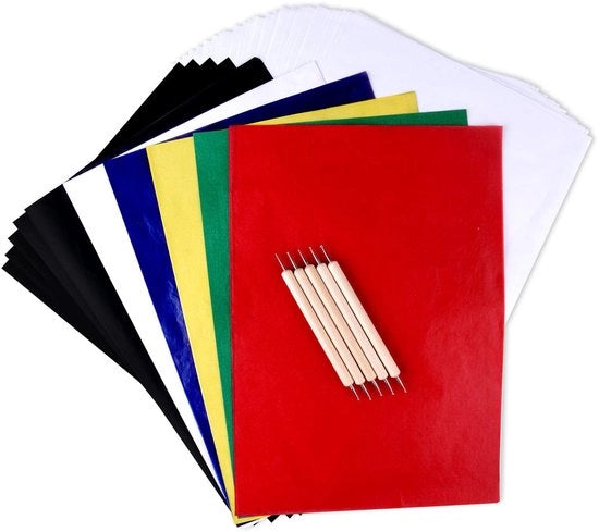 Carta di trasferimento A4 - 125 fogli - 6 colori - Inclusi 5 pezzi di strumenti per carta di trasferimento - Adatto per disegni su legno - Per progetti di arte e manualità - Carta di trasferimento