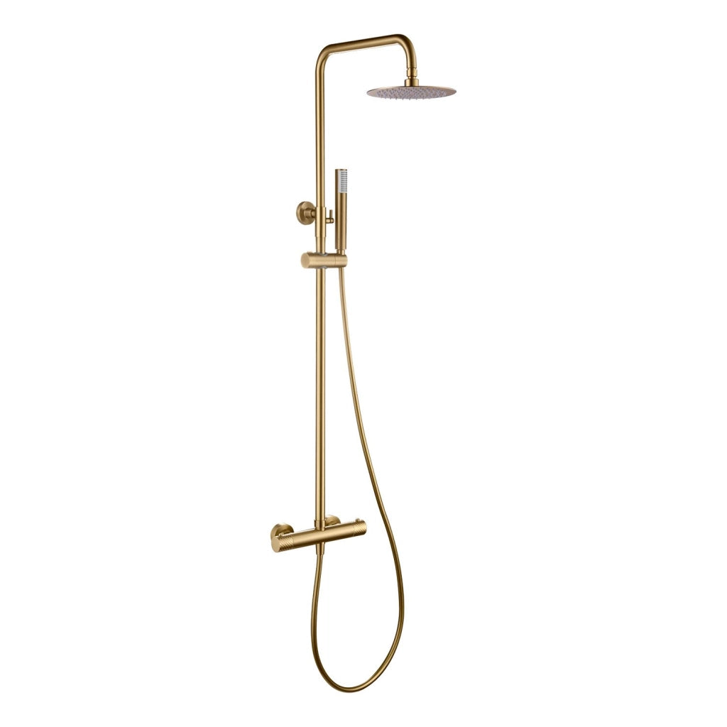 IMEX Set doccia termostatico Genova oro spazzolato asta estensibile acciaio inox S304 soffione extrapiatto Ø20cm anticalcare corpo rubinetto ottone con cartuccia termostatica TURN CLEAN SYSTEM Ime