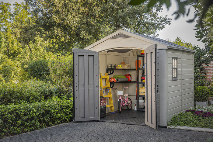 Casetta da Giardino con Mensole 256,5x255x243 cm Keter Factor 8x8 in Polipropilene Rinforzato Beige