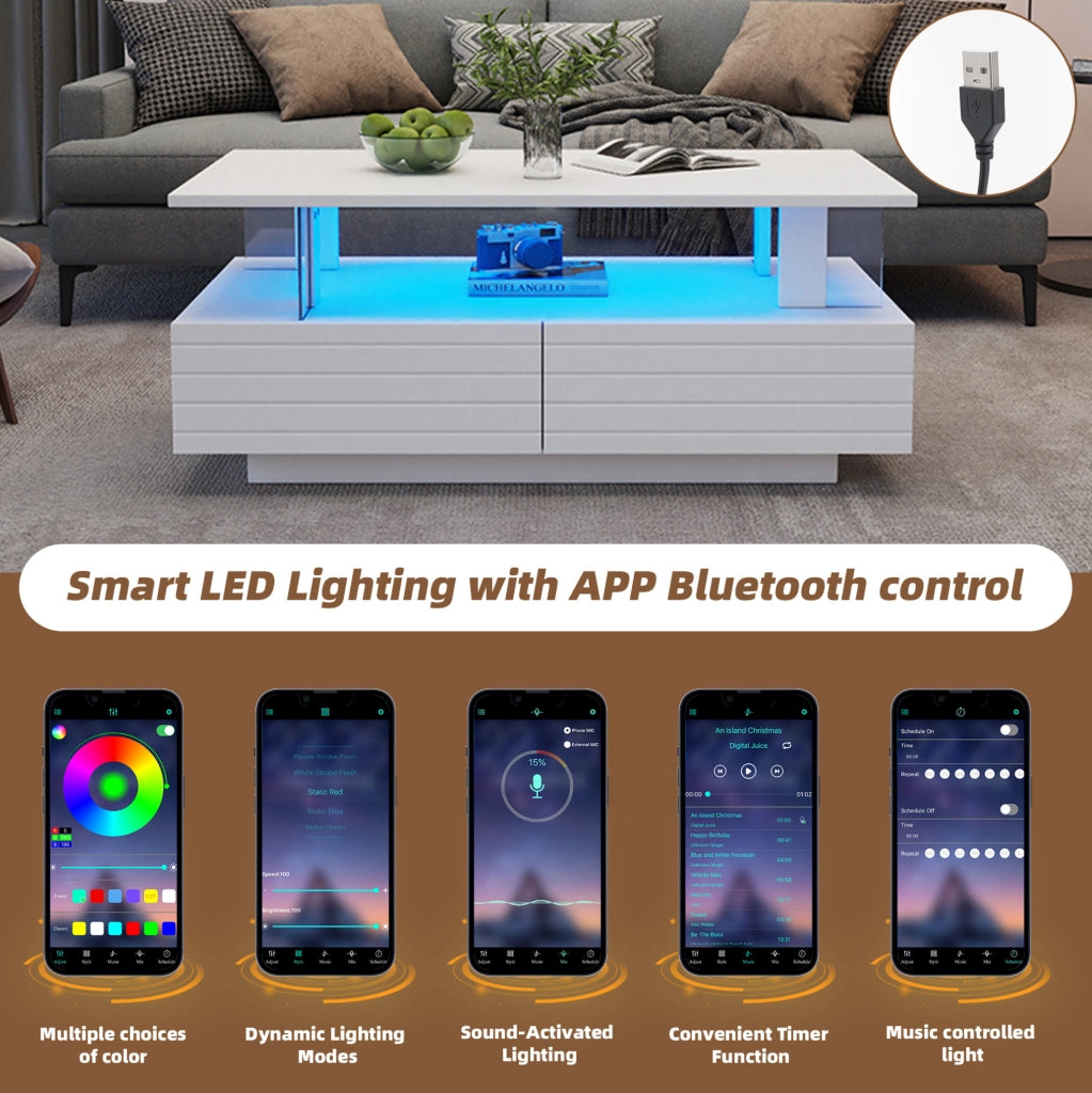 Tavolino da caffè LED bianco moderno con contenitore; 100 x 50 x 42 cm; in truciolare e acrilico