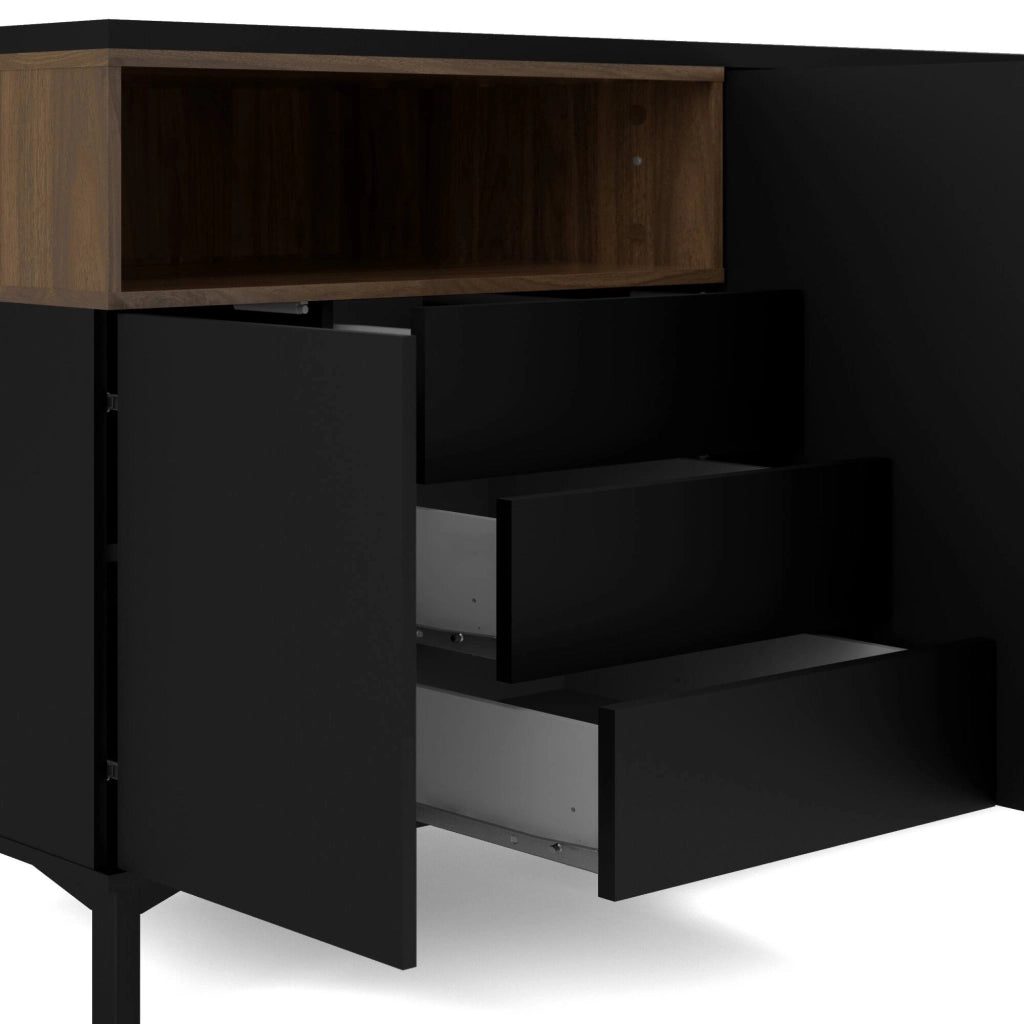 Credenza Julie, Buffet da soggiorno, Madia da salotto, Dispensa da cucina, 176x48 h90 cm, Nero e Noce