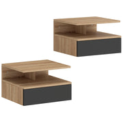 Set di 2 Comodini Sospesi 35x32x22,5 cm con Cassetto e Mensola Aperta in Legno Nero e Rovere