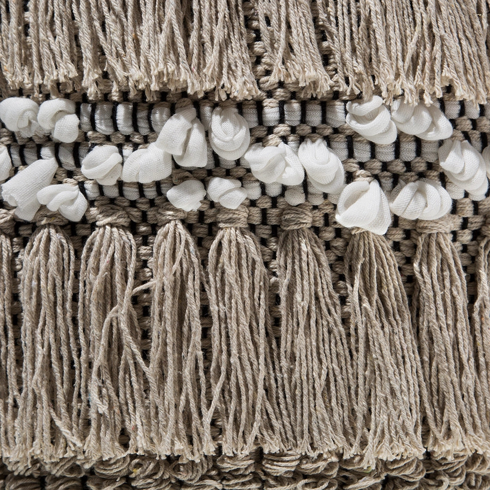 Pouf Beige Cotone Nappe e Nodi Decorativo Boho Rustico soggiorno