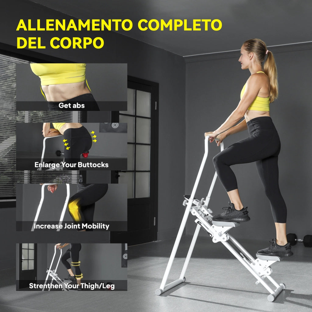 Stepper Vertical Climber Pieghevole con Impugnatura Regolabile Pedali Antiscivolo e Monitor LCD Bianco