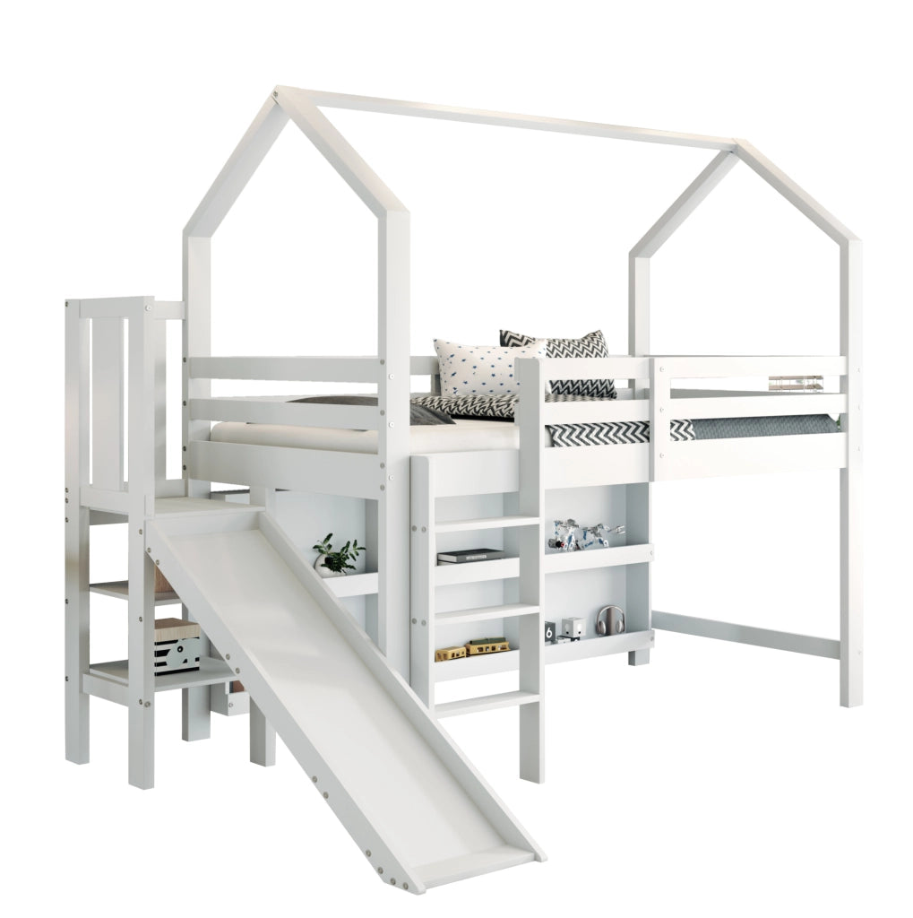 Letto singolo per bambini 90x200 cm con scivolo, scale, armadi e ripiani bianco