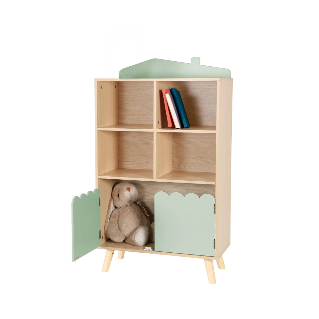 Biblioteca per bambini in legno di pino 2 porte e 4 scaffali, verde