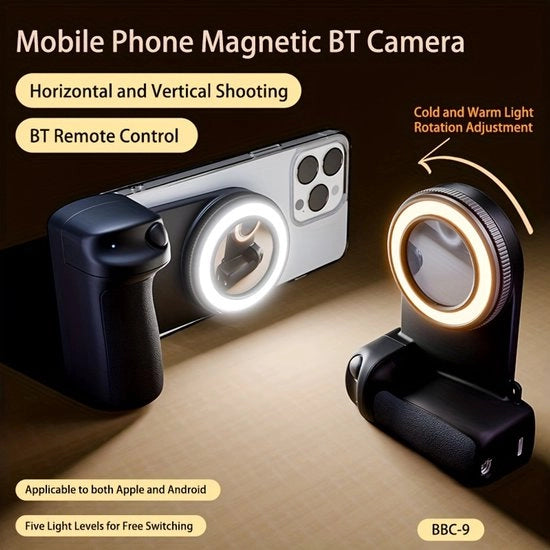 Greppa magnetica per smartphone con telecomando Bluetooth rimovibile, illuminazione, stabilizzatore di immagine e supporto per la fotografia.