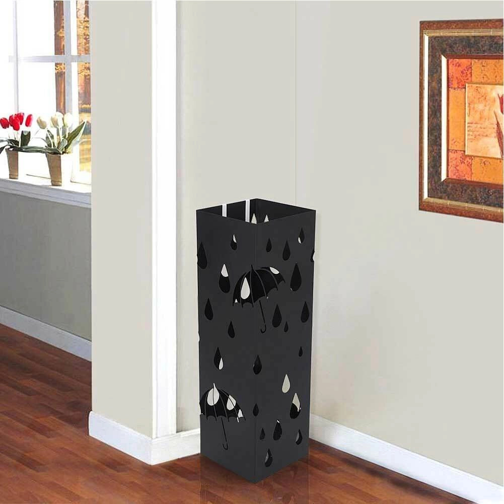 Portaombrelli Design Quadrato 49x15,5x15,5 cm Vaschetta Salvagoccia in Ferro Nero