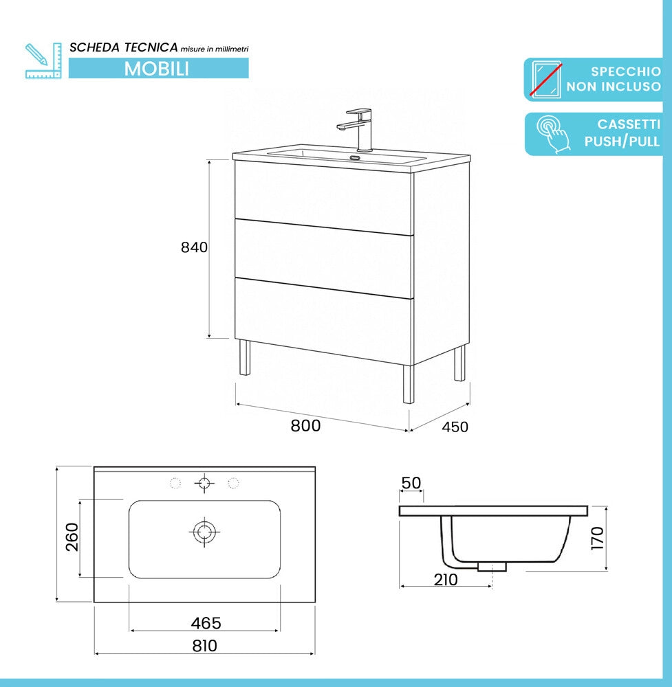 Mobile bagno a terra 80 cm tortora tre cassetti push-pull con lavabo Tierra