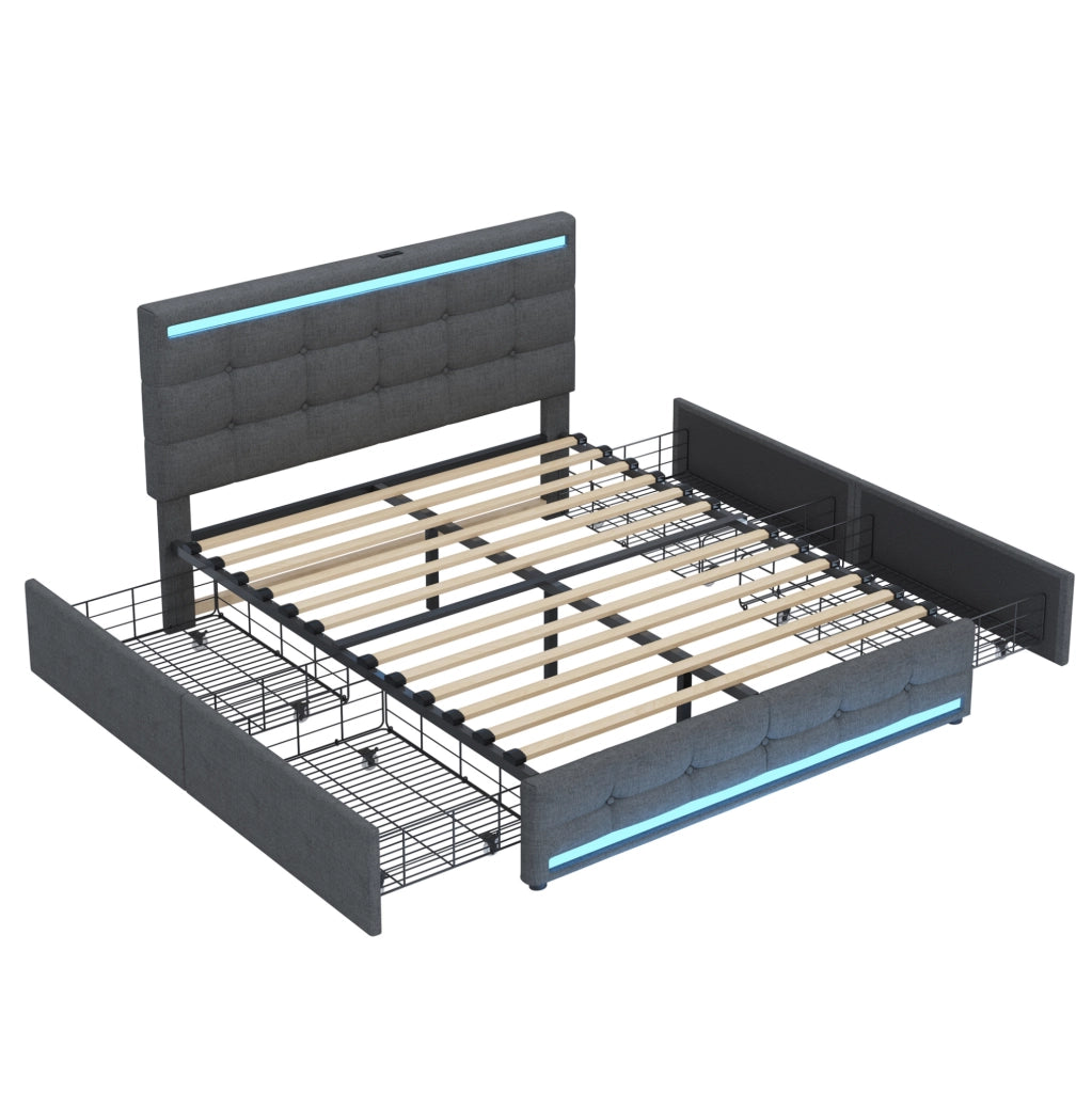 Letto imbottito 140x200 cm con LED e USB; con 4 cassetti; grigio