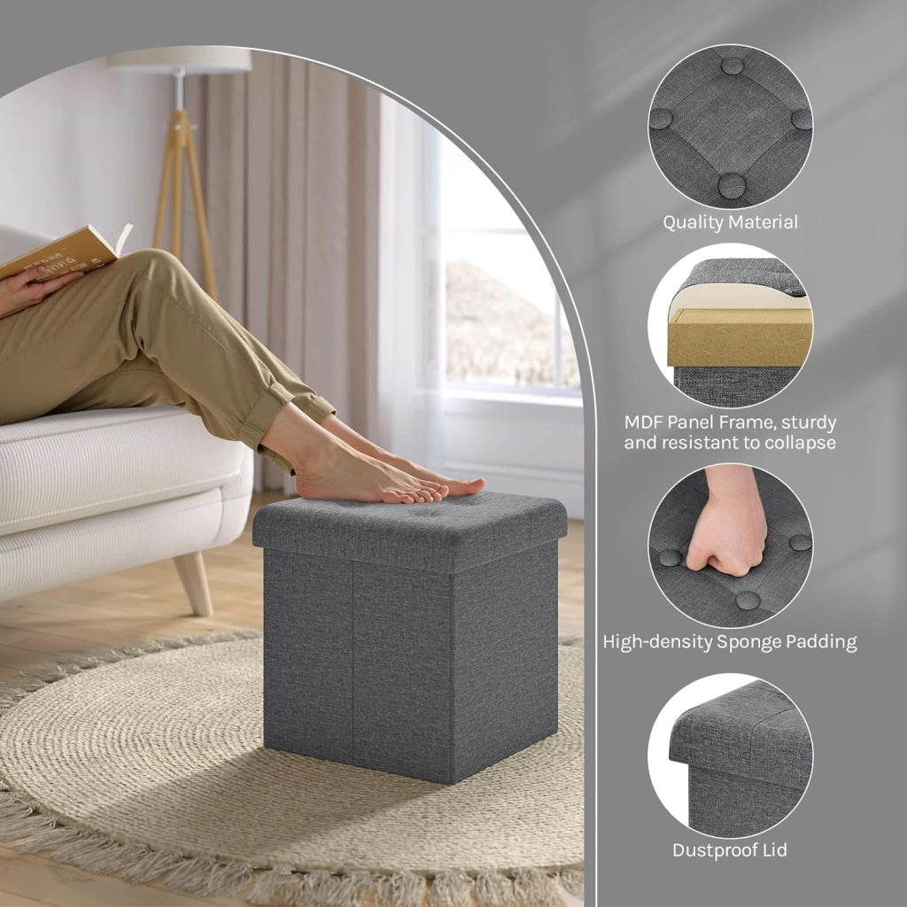 Pouf con Contenitore, Puffo Pieghevole con Coperchio, Poggiapiedi Divano, Cubo Seduta con Ripiano, per Soggiorno o Camera da Letto, 30x30x30 cm, Grigio Scuro