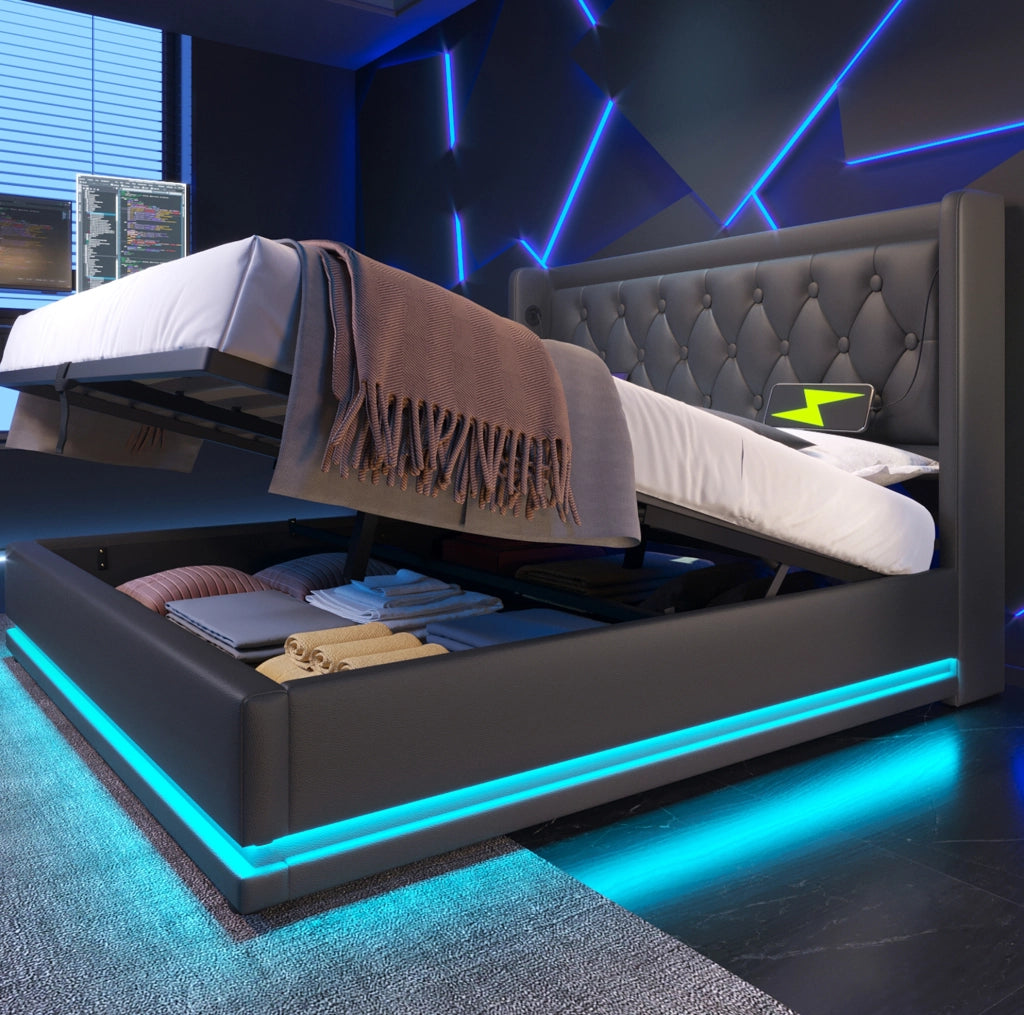 Letto matrimoniale contenitore 160x200 nero in PU con LED
