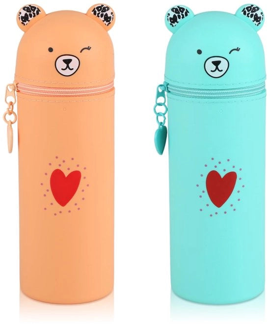 Set di 2 etui in silicone morbido, 2-in-1 etui cartoon con design beer, dimensioni 19,5 x 6,3 cm, etui e taccuino per studenti, ragazzi e adulti (arancione chiaro, verde)