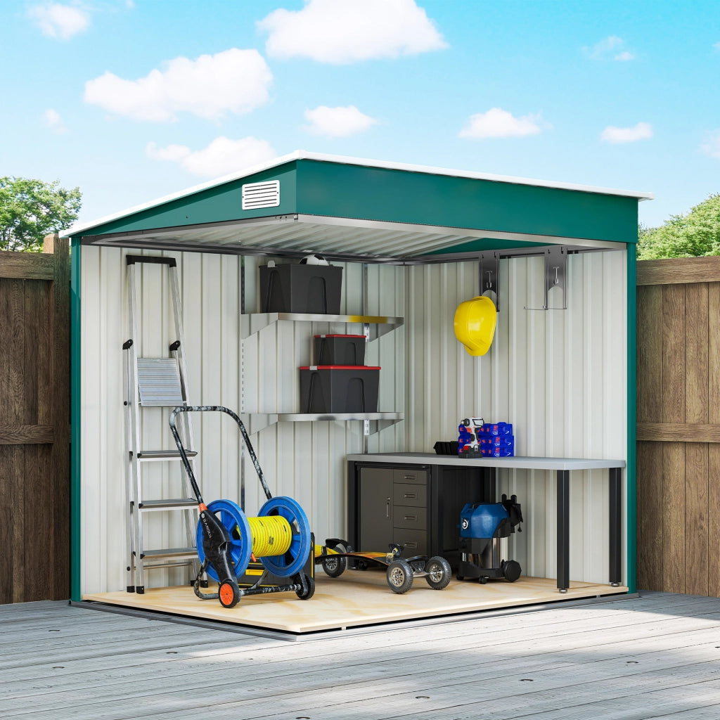 Capanno Porta Attrezzi 1,5x2m con Base Porta Scorrevole e Tetto Inclinato in Metallo Verde