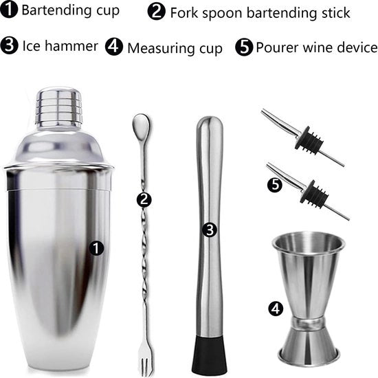 Shaker per cocktail 750 ml + imbuto 15 ml + 2 imbotti per alcol + cucchiaio da bar + coda di bar. Mixer pratico per cocktail.