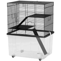 Gabbia per Criceti 3 Piani con Ruote, 2 Piattaforme, Rampe, Ciotola e Bottiglia, 58x43x74 cm, Nero