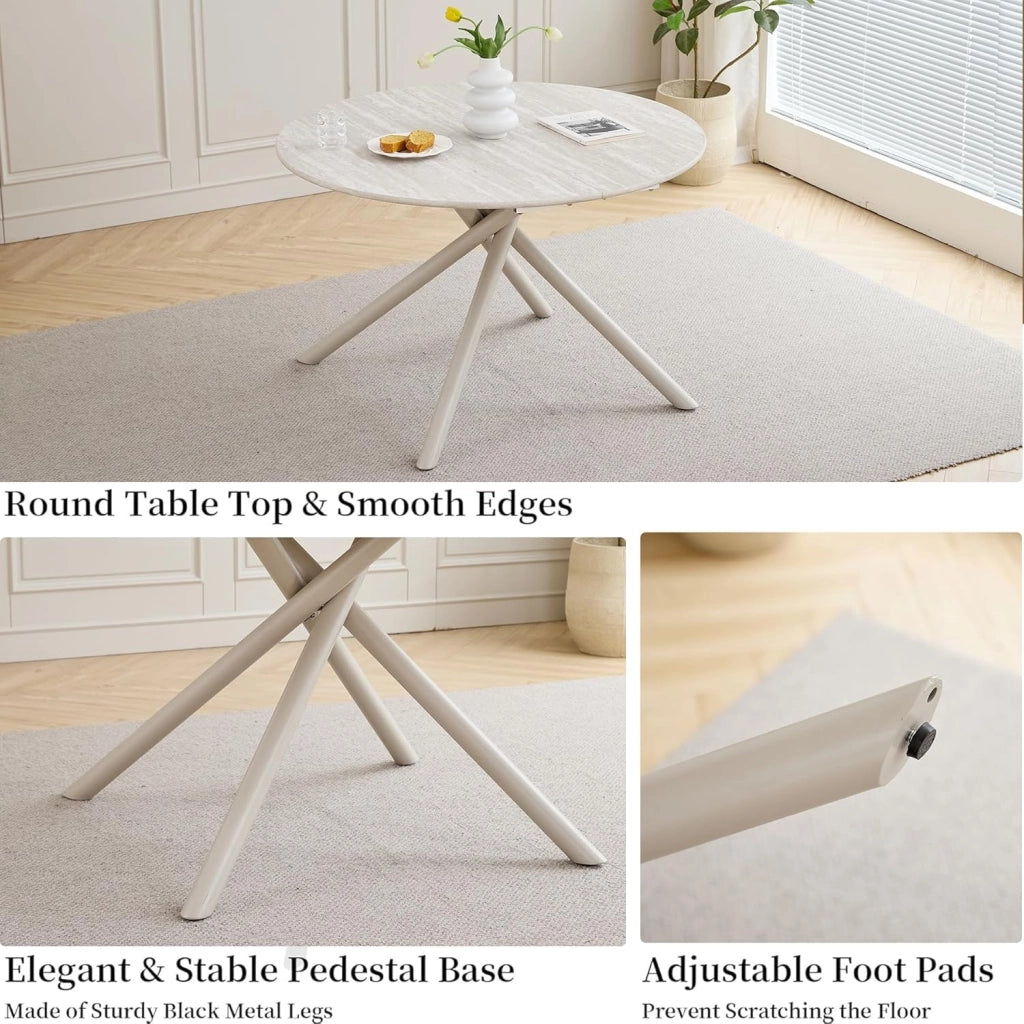 GrandCA HOME Set Tavolo da Pranzo e Sedie Tavolo da Pranzo Rotondo da 115 cm e 4 Sedie Moderne in Lino Per Sala da Pranzo, Cucina, Soggiorno（Grigio Chiaro + Cenere）