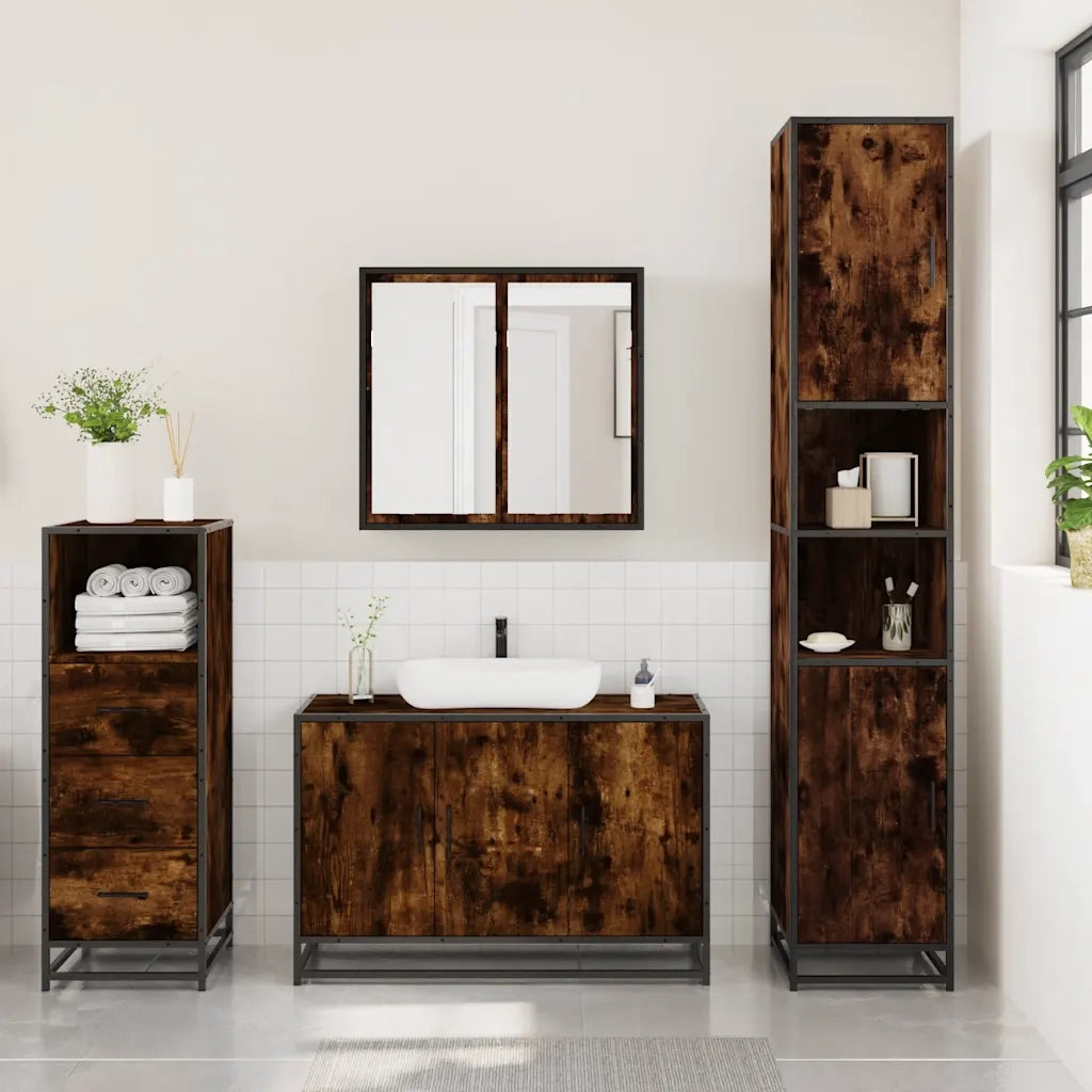 Set Mobili da Bagno 3 pz Rovere Fumo in Legno Multistrato