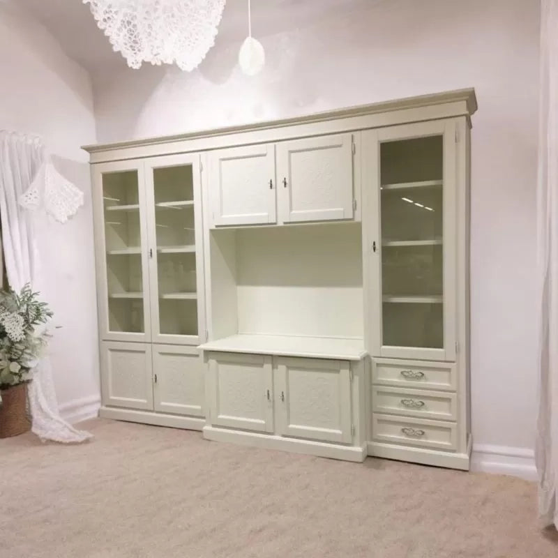 Parete attrezzata porta tv classica in legno decoro shabby bianco 300x53x225 - Mobili 2G