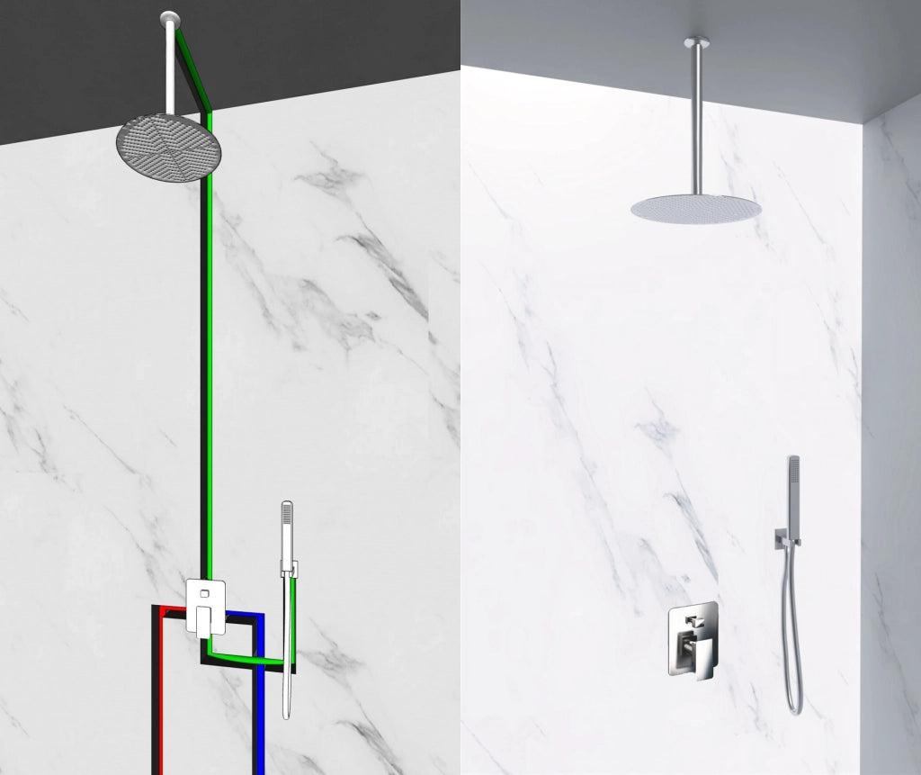 Kit doccia a 2 vie, miscelatore soffione tondo 25cm a tetto, doccetta Sicena Rotinda