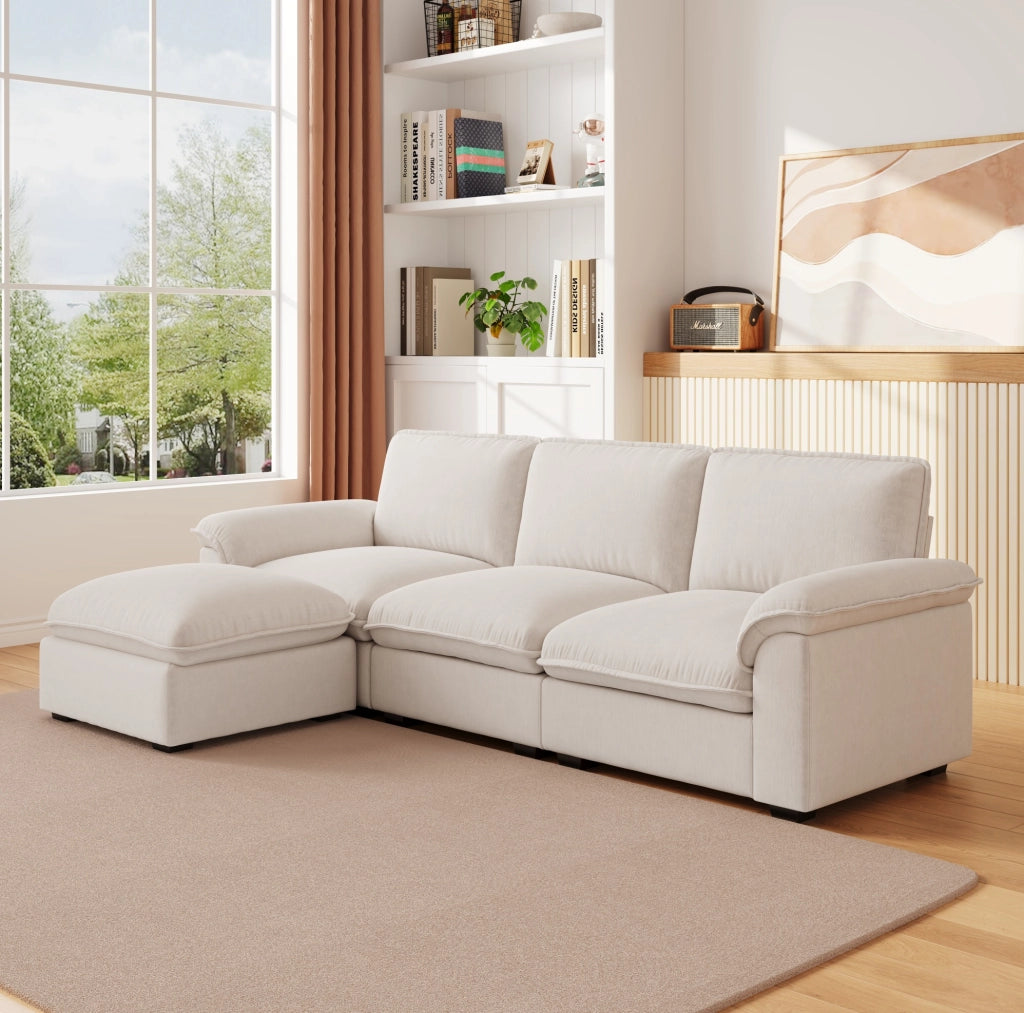 Divano modulare a L 260x154 cm beige in chenille con ottomana mobile
