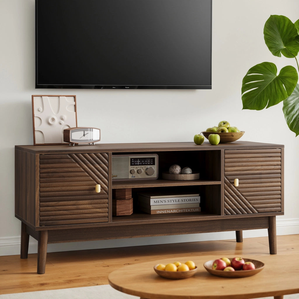 Mobile porta TV con 2 ante e vani aperti, passacavi, per soggiorno e camera da letto, in MDF, noce 110 × 40 × 48 cm