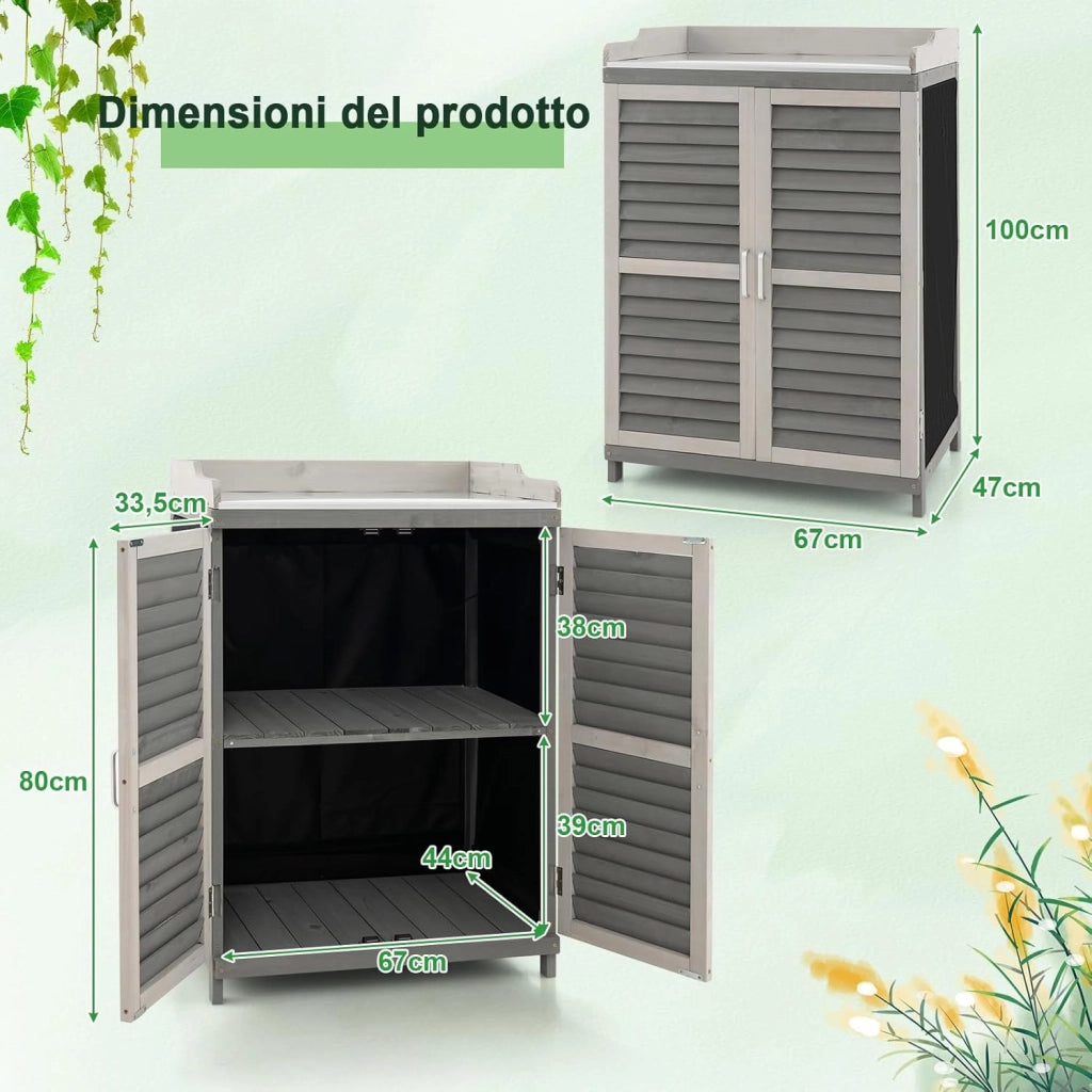 Armadietto da Esterno in Legno, Capanni da Esterno con Piano in Metallo Placcato e 2 Ante a Persiana, Mobile Porta Attrezzi da Giardino e Terrazzo, 67 x 47 x 100 cm, Grigio