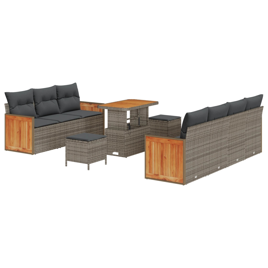 Set Divano Giardino da 10 Pezzi con Cuscini Grigio Rattan Polimerico Acacia