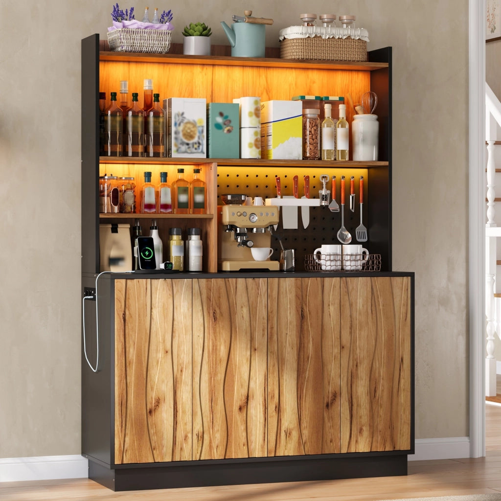 Mobile da cucina con LED RGB e prese integrate; 120x43x160 cm; MDF naturale e nero