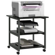 Carrello Porta Stampante a 3 Ripiani con 4 Ruote, Legno e Acciaio, 50x50x52.5cm, Nero