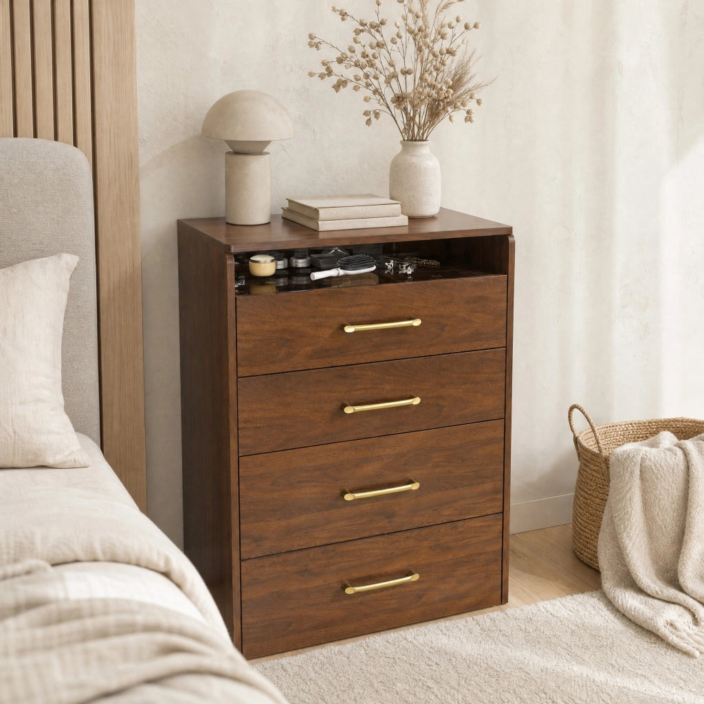 Toeletta 3 in 1 in MDF color noce con specchio pieghevole