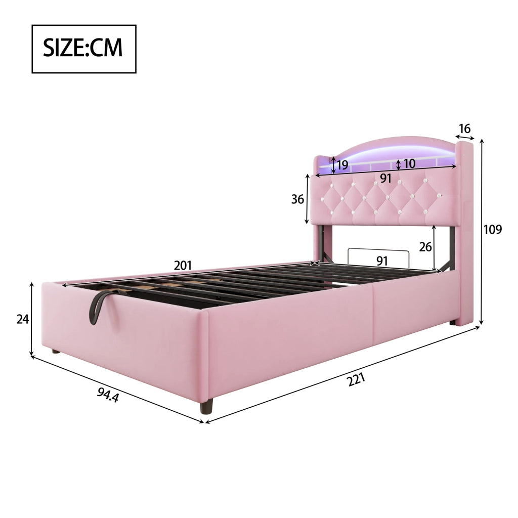 DESMIU Lit enfant 90 × 200 cm con contenitore, LED, 3 USB e Type-C, senza materasso, in velluto, rosa