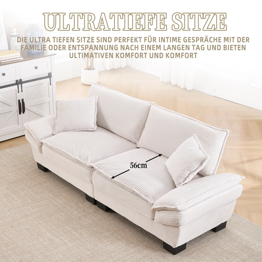 OKWISH Divano Lineare 2 Posti con Seduta Ultra Profonda, Braccioli Imbottiti e 2 Cuscini, Velluto Beige