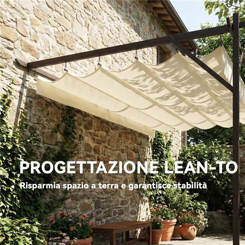 GAZEBO PERGOLA ADDOSSATA 3X4 M CON TETTO RETRATTILE SCORREVOLE E FORI DI DRENAGGIO, BIANCO CREMA