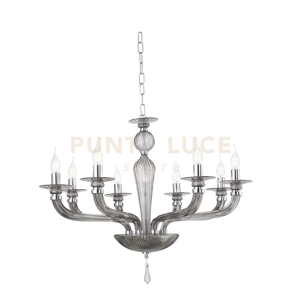 LAMPADARIO VILLA VETRO E METALLO 8 LUCI FUME' E CROMO ATTACCO E14 D.82CM