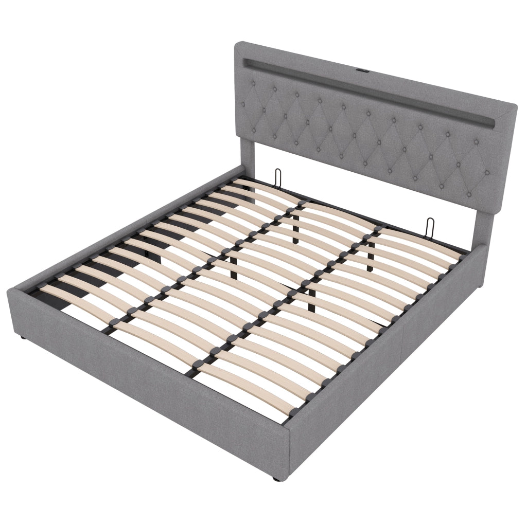 Letto imbottito 180x200 cm con contenitore; sollevamento idraulico; LED e USB; grigio